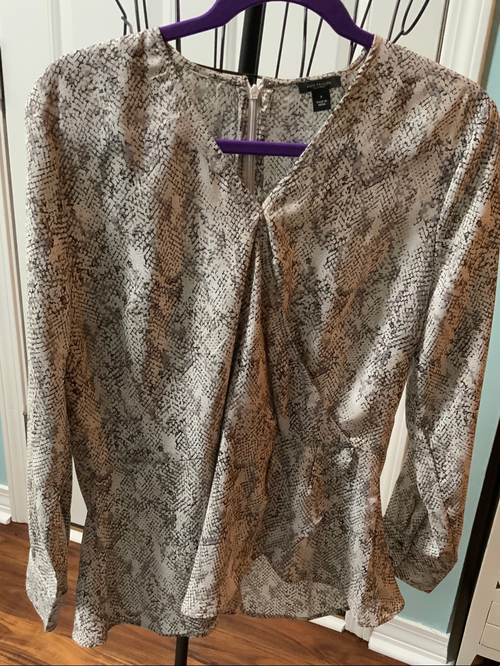 Ann Taylor Factory Metallic Snake-Print Blouse - Silver Gray